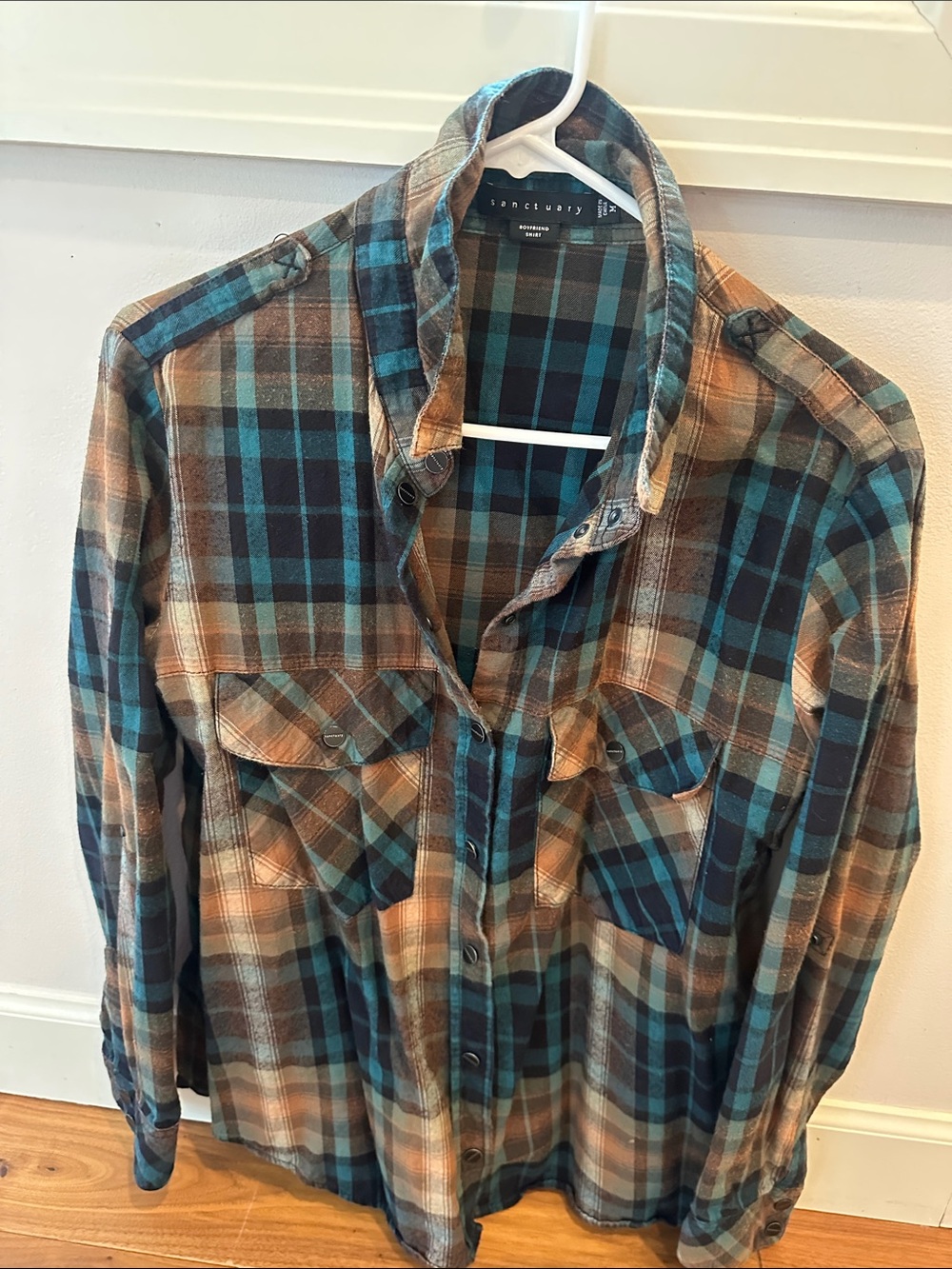 Sanctuary Teal and Brown Plaid Long Sleeve Button-Up Shirt